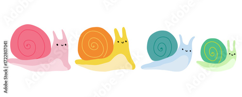 Cartoon cute snail set. Simple Doodle nursery snail. Children's illustration of a small snail. Stock vector illustration isolated on a white background.