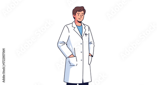 Illustration of a Young Professional Male Doctor in White Coat Standing on White Background ready to serve patients