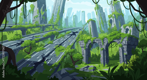 Overgrown Urban Landscape with Nature Reclaiming City Ruins.