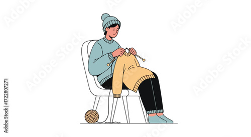 Illustration showcasing a person seated in a chair intently knitting a cozy sweater, a ball of yarn rests nearby suggesting a relaxing and creative