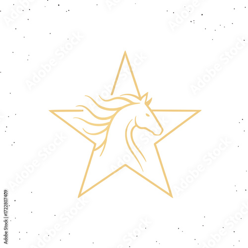 Elegant line art horse head in star in golden outline representing strength and prestige with copy space
