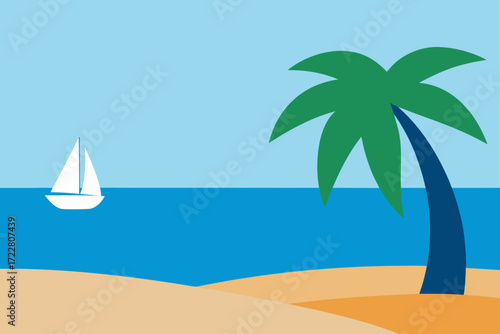 Simple illustration of a white sailboat on blue ocean near sandy beach and palm tree