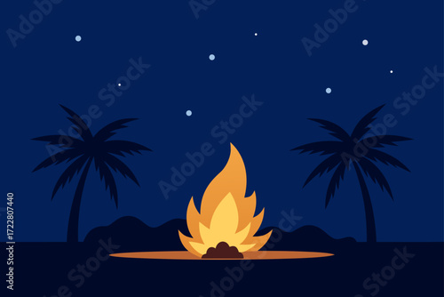 Warm campfire glows brightly on a dark tropical beach under a starry night sky