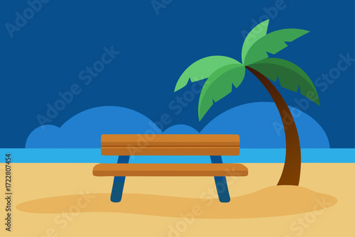 A solitary wooden bench sits on a sandy beach next to a palm tree with the ocean in the background