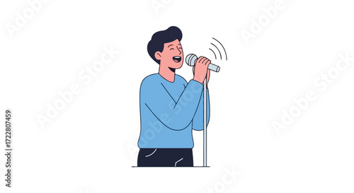 Enthusiastic young male vocalist confidently performing on stage with microphone stand beaming with joy while singing song