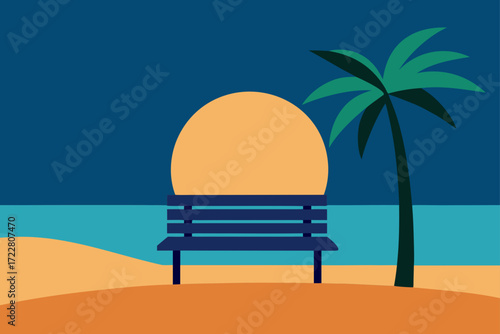 A minimalist illustration of a dark blue park bench on a sandy beach facing the ocean with a large orange sun and a palm tree