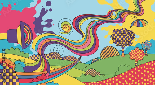 Psychedelic Landscape with Speaker and Rainbow Waves.