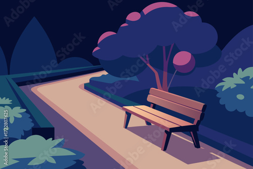 A solitary wooden bench sits on a winding path in a park at dusk with stylized trees and foliage