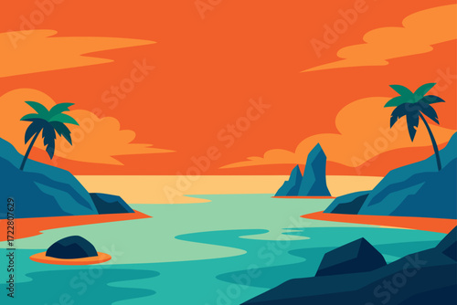 Vibrant tropical island bay with palm trees and rocky shores at sunset