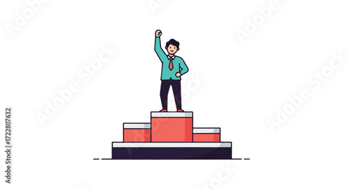 Illustration of a triumphant businessman atop a podium, symbolizing success, achievement, and career advancement through hardwork dedication