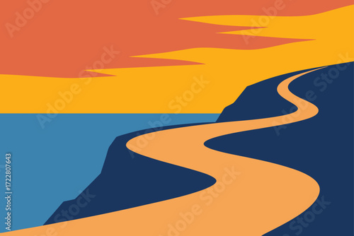 Stylized winding road along a cliff overlooking the ocean at sunset with orange sky