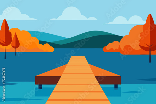 Flat design illustration of an orange wooden pier extending into a calm blue lake with autumn trees and rolling hills