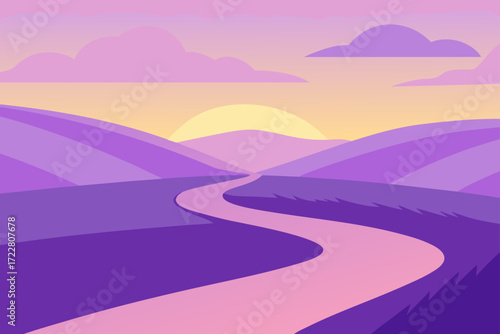 Serene purple hills and winding road under a soft pastel sunrise and cloudy sky
