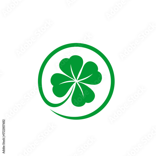 A green five-leaf clover, a symbol of extra luck and good fortune, enclosed within a circular swoosh frame.