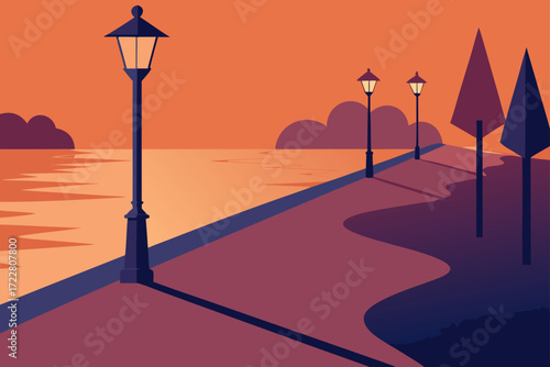 Serene waterfront promenade with vintage lampposts and stylized trees at sunset