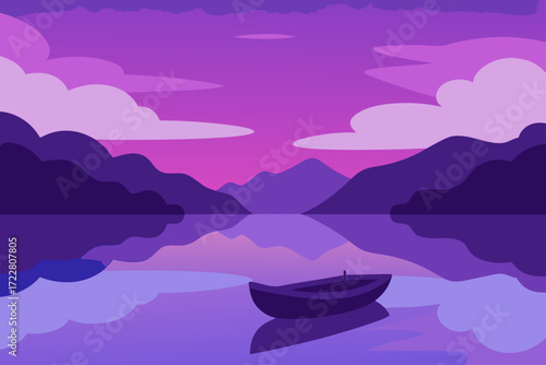 Serene purple landscape with a lone boat on a calm lake reflecting mountains and clouds