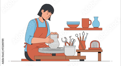 Female artist creating pottery on a spinning wheel in a bright workshop with her finished items on the shelf in the background