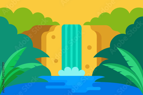 Vibrant flat design illustration of a tropical waterfall cascading into a blue pool surrounded by lush green foliage