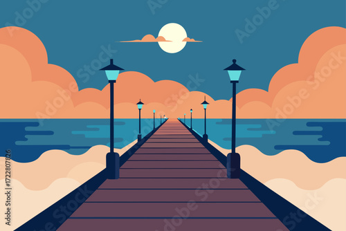 Pier with streetlights leading to the ocean under a moonlit sky with clouds