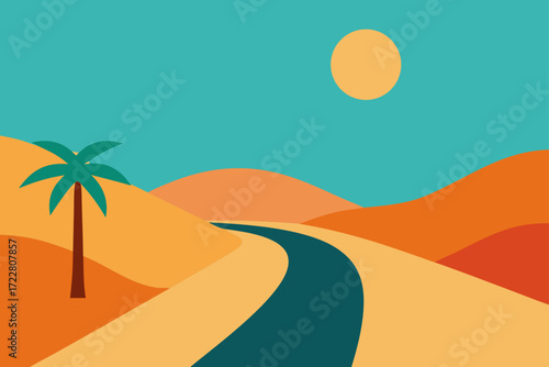 Stylized desert landscape with a winding road a lone palm tree and a bright sun under a teal sky