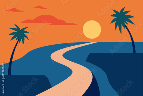 Stylized minimalist tropical landscape with a winding road leading to a sunset and palm trees