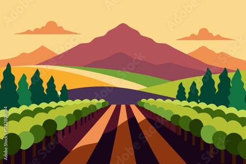 Stylized landscape with rows of trees leading to rolling hills and a mountain under a warm sky