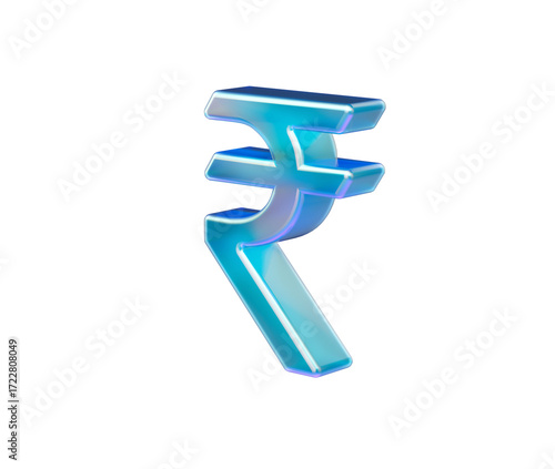 Shiny iridescent Indian Rupee symbol in cool blue tones with soft glow and depth, 3D Illustration