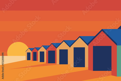 Row of colorful beach huts on a sandy shore with a vibrant sunset and ocean waves
