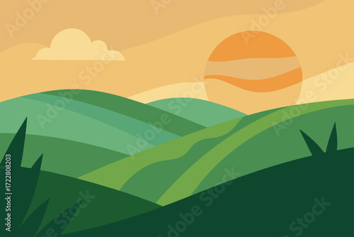 Stylized illustration of rolling green hills at sunset with a large orange sun and a single cloud