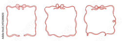 Doodle hand drawn frames with wavy lines, bows and ribbons. Coquette retro set. Trendy vintage whimsical borders for wedding invitations, birthday card, prints. Vector modern illustration.