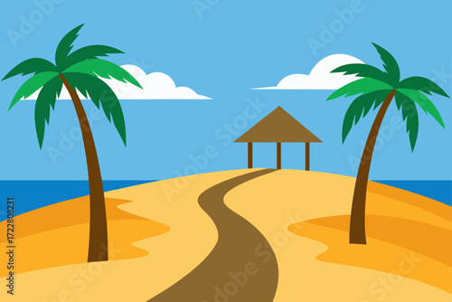 Tropical island paradise with palm trees a sandy path and a hut under a blue sky