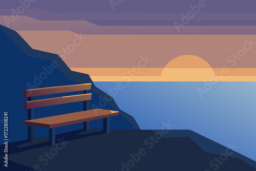 Serene minimalist illustration of an empty wooden bench overlooking the ocean at sunset