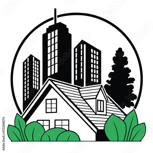Illustration of a house in front of city buildings and a tree, symbolizing real estate and urban living
