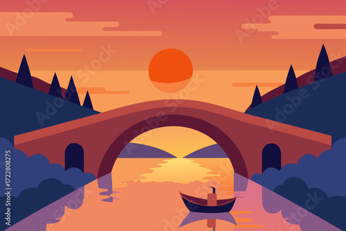 Serene sunset over a tranquil river with a stone bridge and a solitary boat