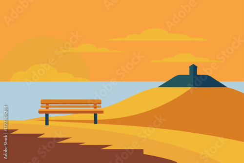 Tranquil beach scene with a lone bench overlooking the ocean at sunset with clouds and a distant lighthouse