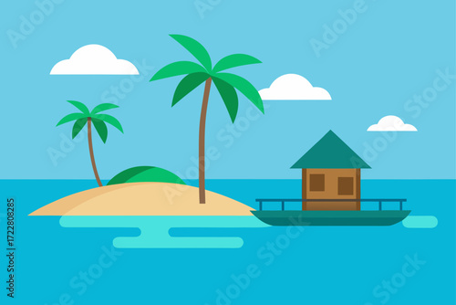 Tropical island paradise with palm trees and a small hut on a boat in the ocean