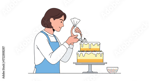 A baker decorating a tiered cake with frosting, showcasing confectionery skills and the joy of creating dessert artistry, highlighting the pastry