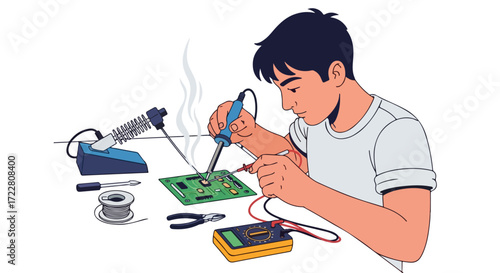 Focused hobbyist soldering a circuit board with precision, illustrating electronics repair and diy electronics creation process in a clean workspace