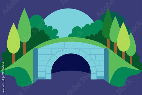 Stylized cartoon illustration of a stone bridge arching over a dark opening surrounded by green hills and trees