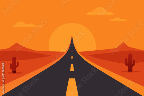 Flat design illustration of a desert highway stretching towards a large sun at sunset with cacti and mountains
