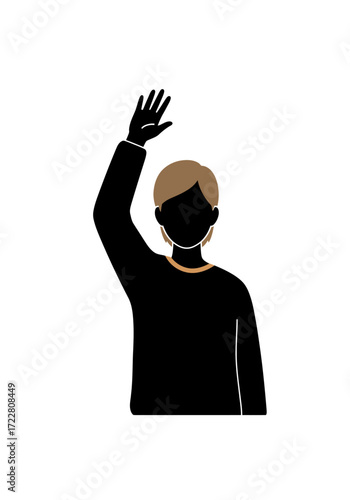 Vector simple silhouette of volunteer raising hand, charity concept