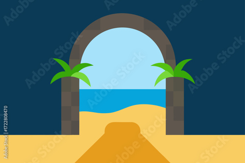 View of a tropical beach and ocean through an ancient stone archway with palm trees