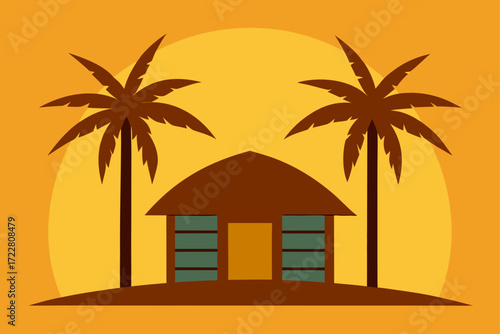 Tropical beach hut with palm trees silhouetted against a warm orange sunset sky