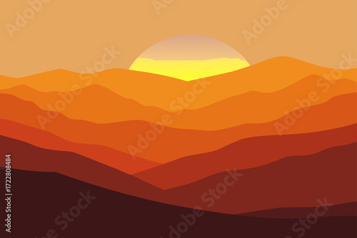 Stylized minimalist sunset over layered mountain ranges in warm orange and red tones