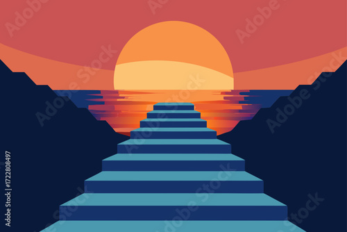 Geometric staircase leading to a vibrant sunset over a calm ocean between dark cliffs