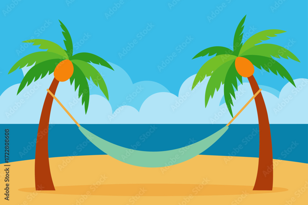 Fototapeta premium Tropical beach scene with two palm trees and a hammock strung between them over the sand