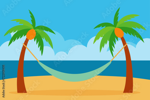 Tropical beach scene with two palm trees and a hammock strung between them over the sand