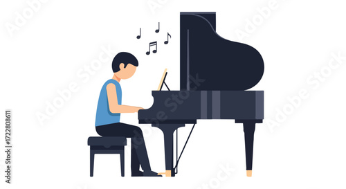 Musician playing black grand piano with notes floating, creating a musical atmosphere of creative expression and artistic musicality and melodiousness