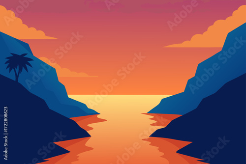 Serene tropical island cove with a lone palm tree silhouetted against a vibrant sunset sky