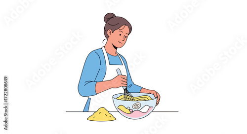 Female baker preparing a cake batter, mixing ingredients in a bowl, wearing apron, illustration style with soft colors and minimal background